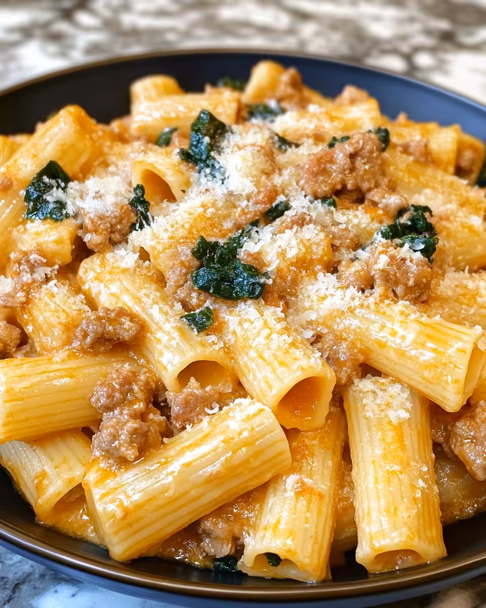 Ingredients for creamy sausage rigatoni including Italian sausage and grated parmesan