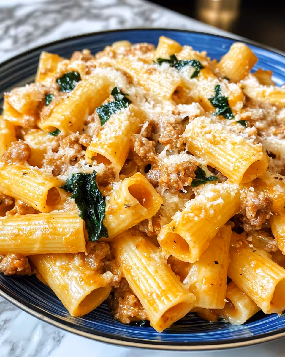 Creamy sausage rigatoni served, showing cheesy and creamy texture
