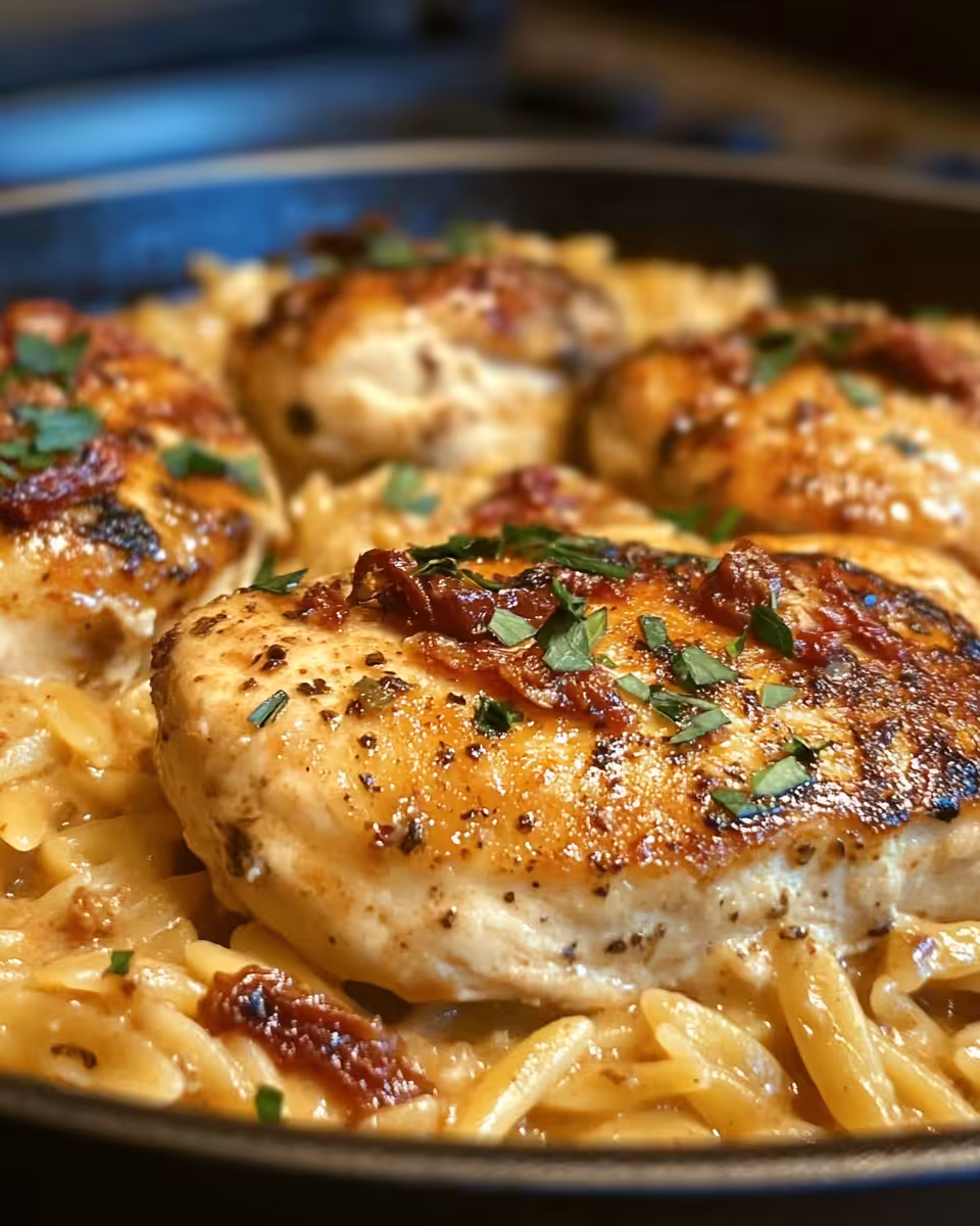 Ingredients and preparation for creamy sun-dried tomato chicken orzo