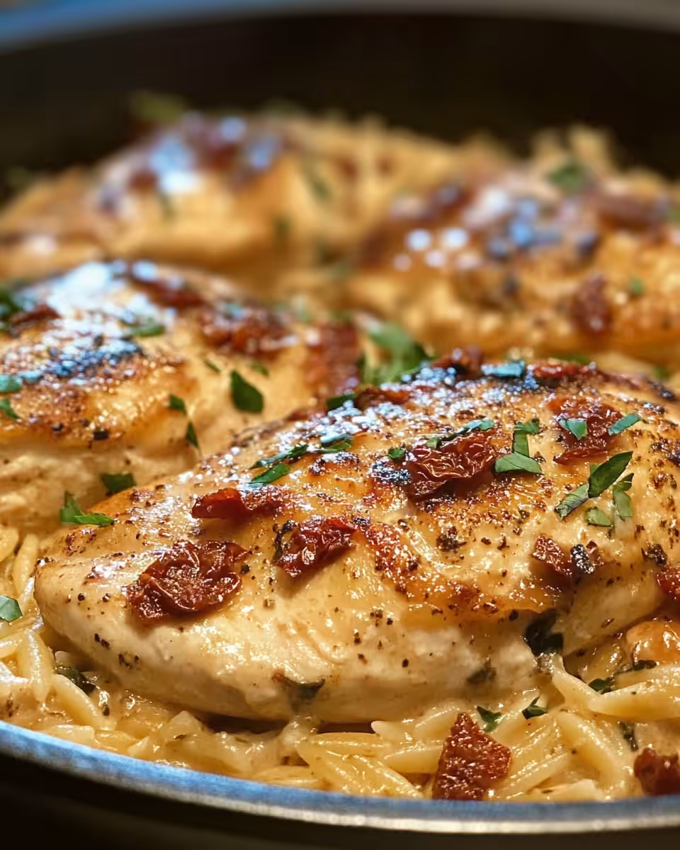 Served creamy sun-dried tomato chicken orzo plated