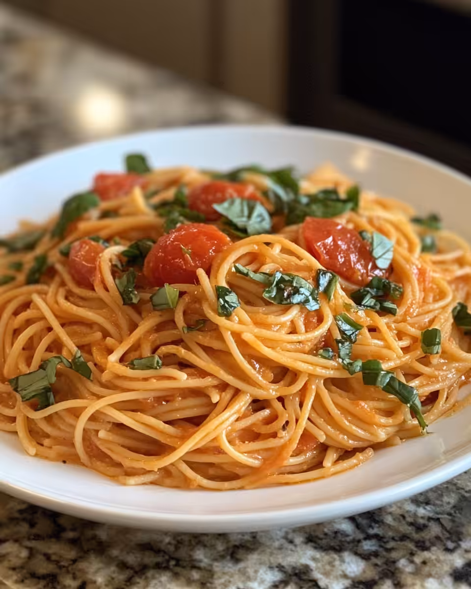 Ingredients and cooking process of creamy tomato garlic pasta in skillet