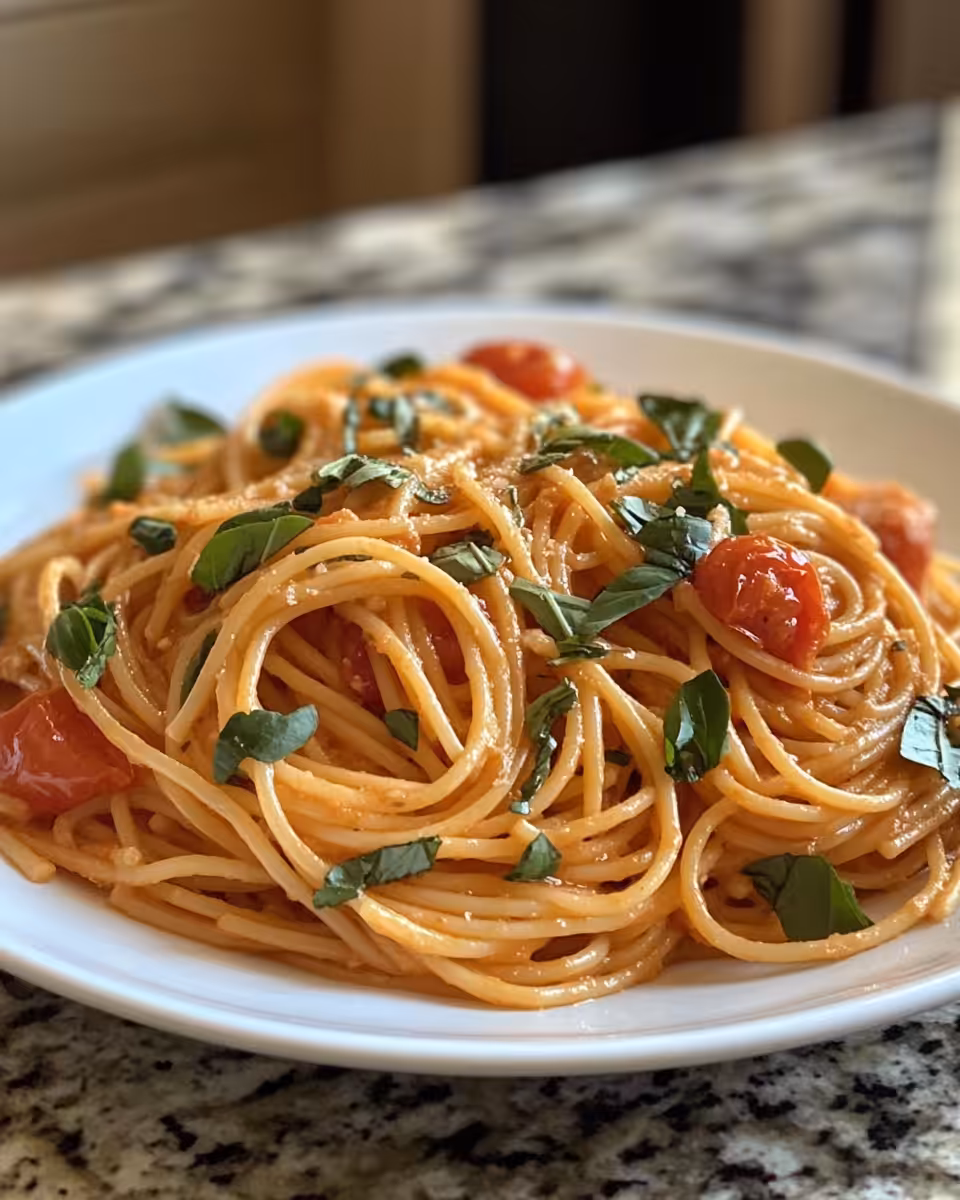 Final plated creamy tomato tomato pasta with basil garnish