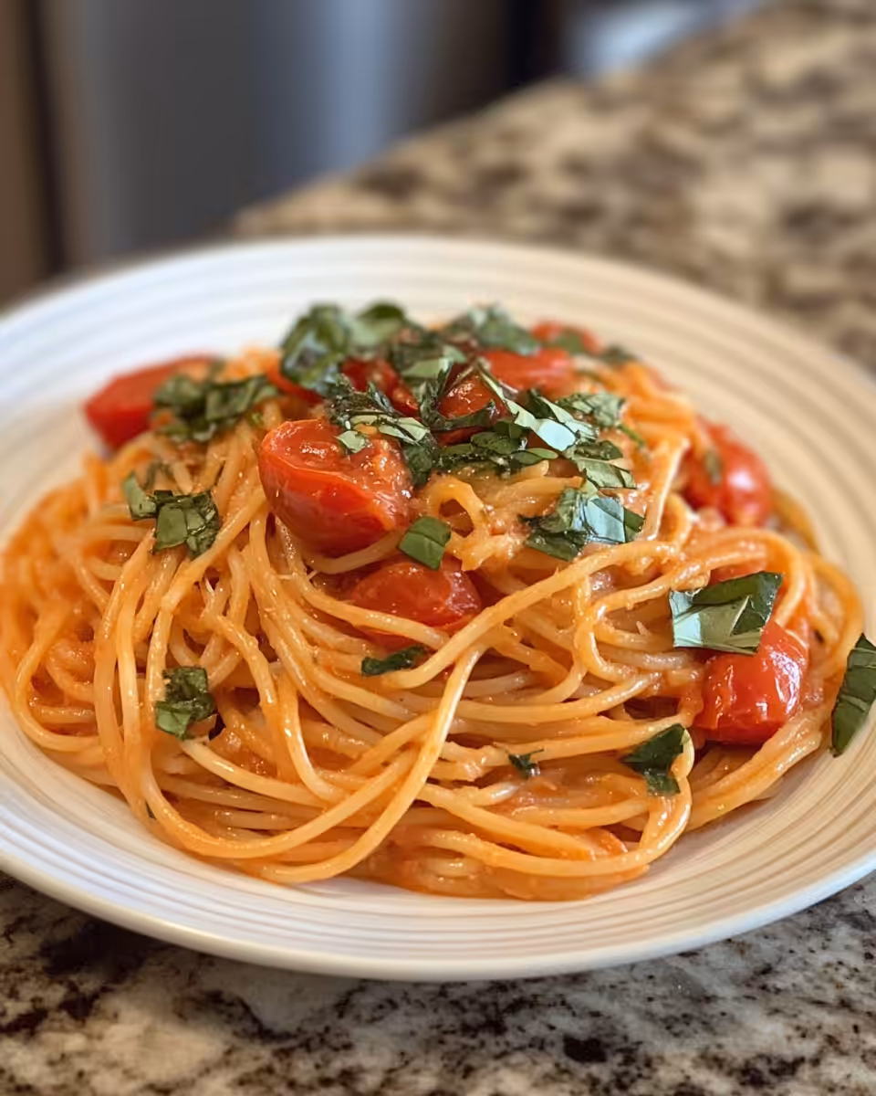 Creamy tomato garlic pasta simmering in pressure cooker with steam valve