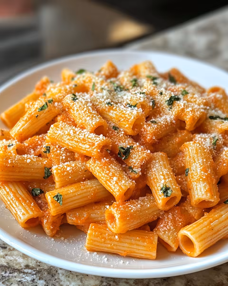 Ingredients laid out for creamy tomato garlic rigatoni pasta recipe