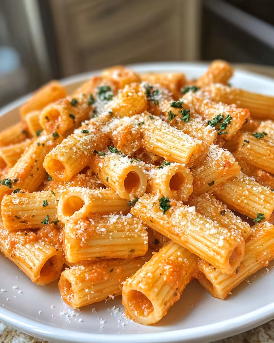 Final creamy tomato garlic rigatoni pasta served hot with Parmesan cheese and basil garnish