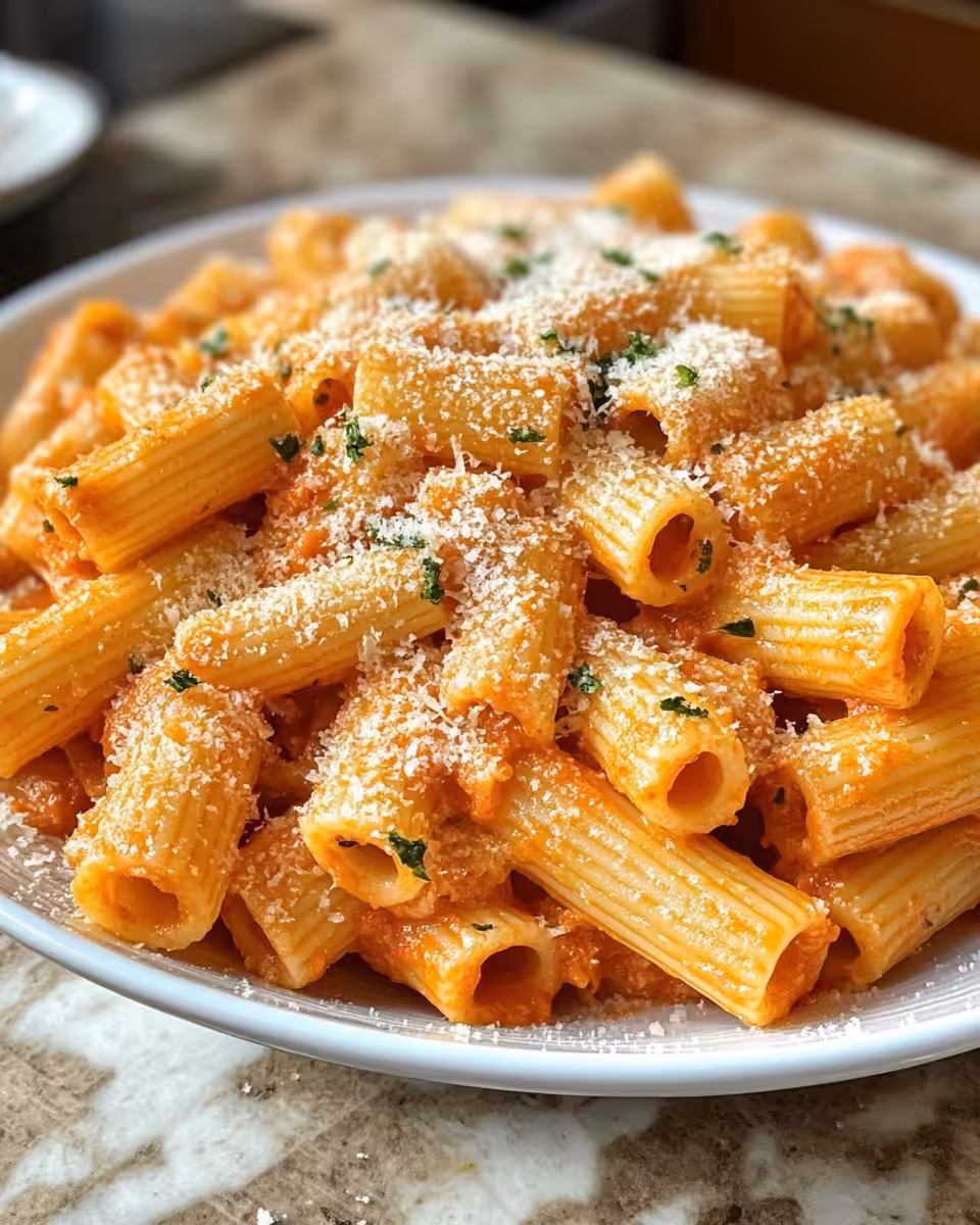 Close up of creamy tomato garlic rigatoni pasta in pressure cooker kitchen setting
