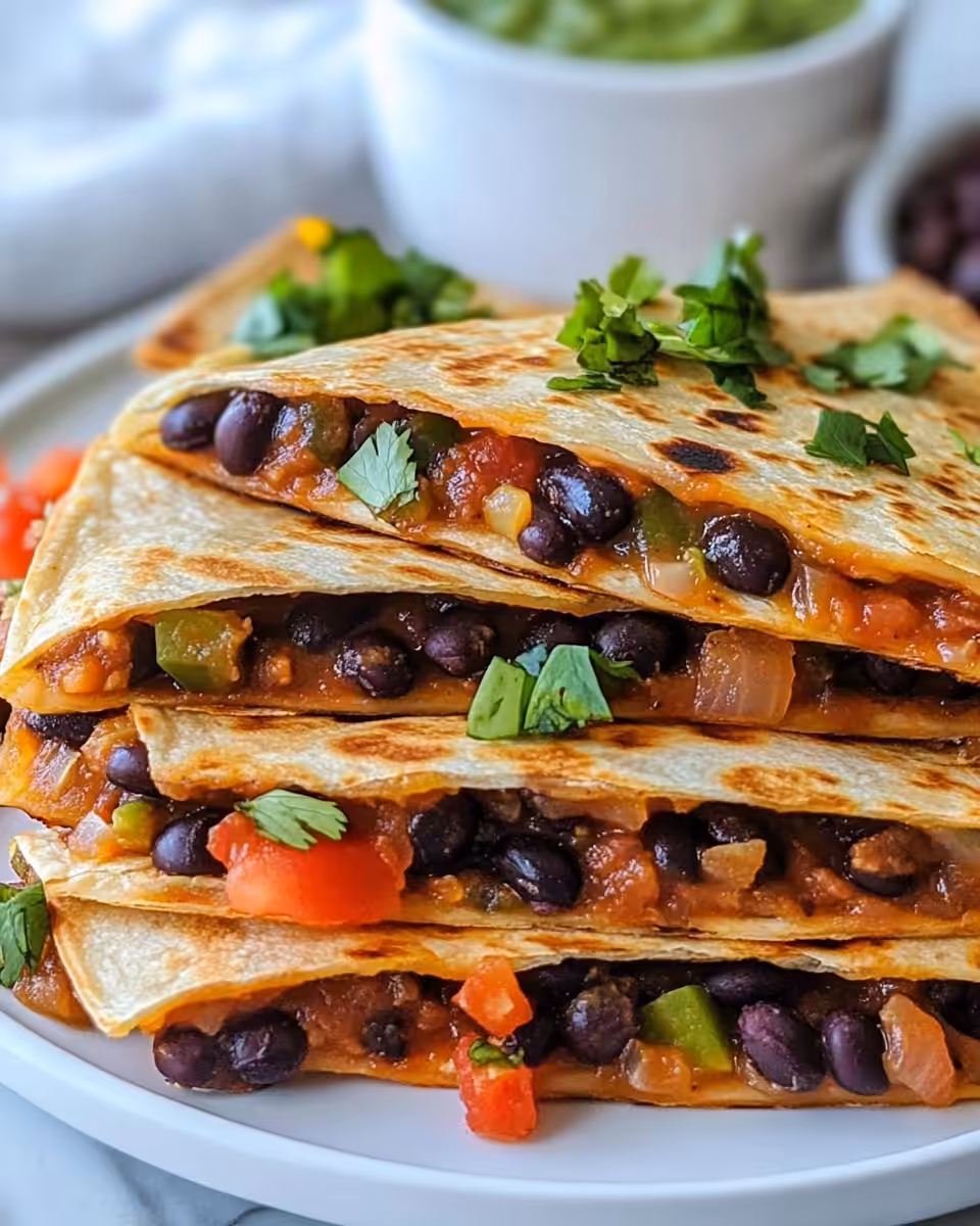 Crispy golden black bean quesadilla wedges served with salsa and sour cream
