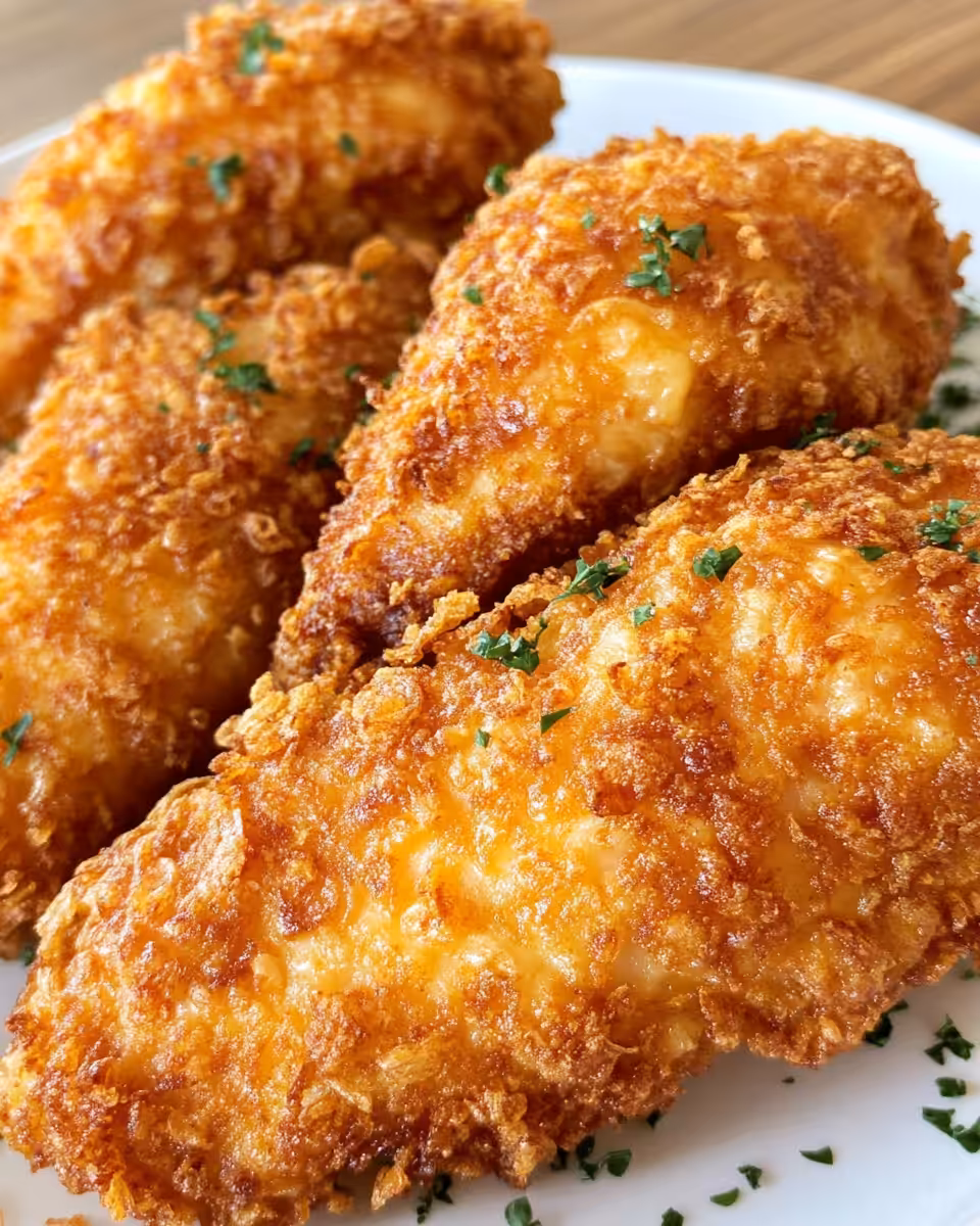 Golden crispy crust of finished cheddar chicken on serving plate