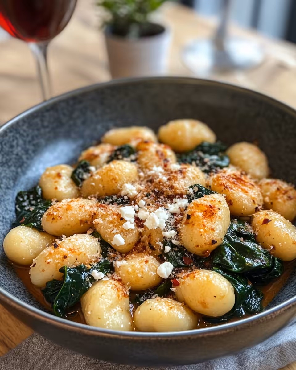Ingredients of crispy gnocchi with fresh spinach and crumbled feta cheese