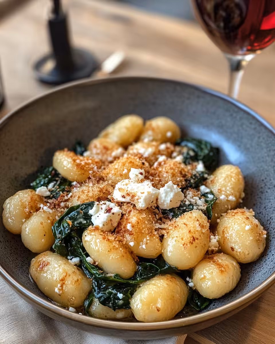 Finished dish of crispy gnocchi with wilted spinach and melted feta cheese plated beautifully