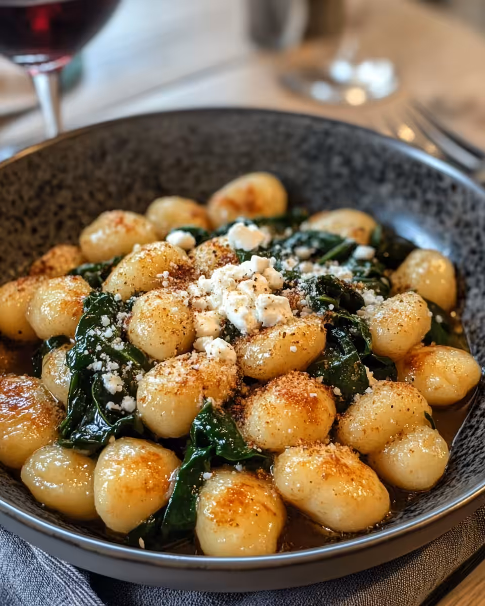 Golden crispy gnocchi cooking in skillet with vibrant spinach in pressure cooker