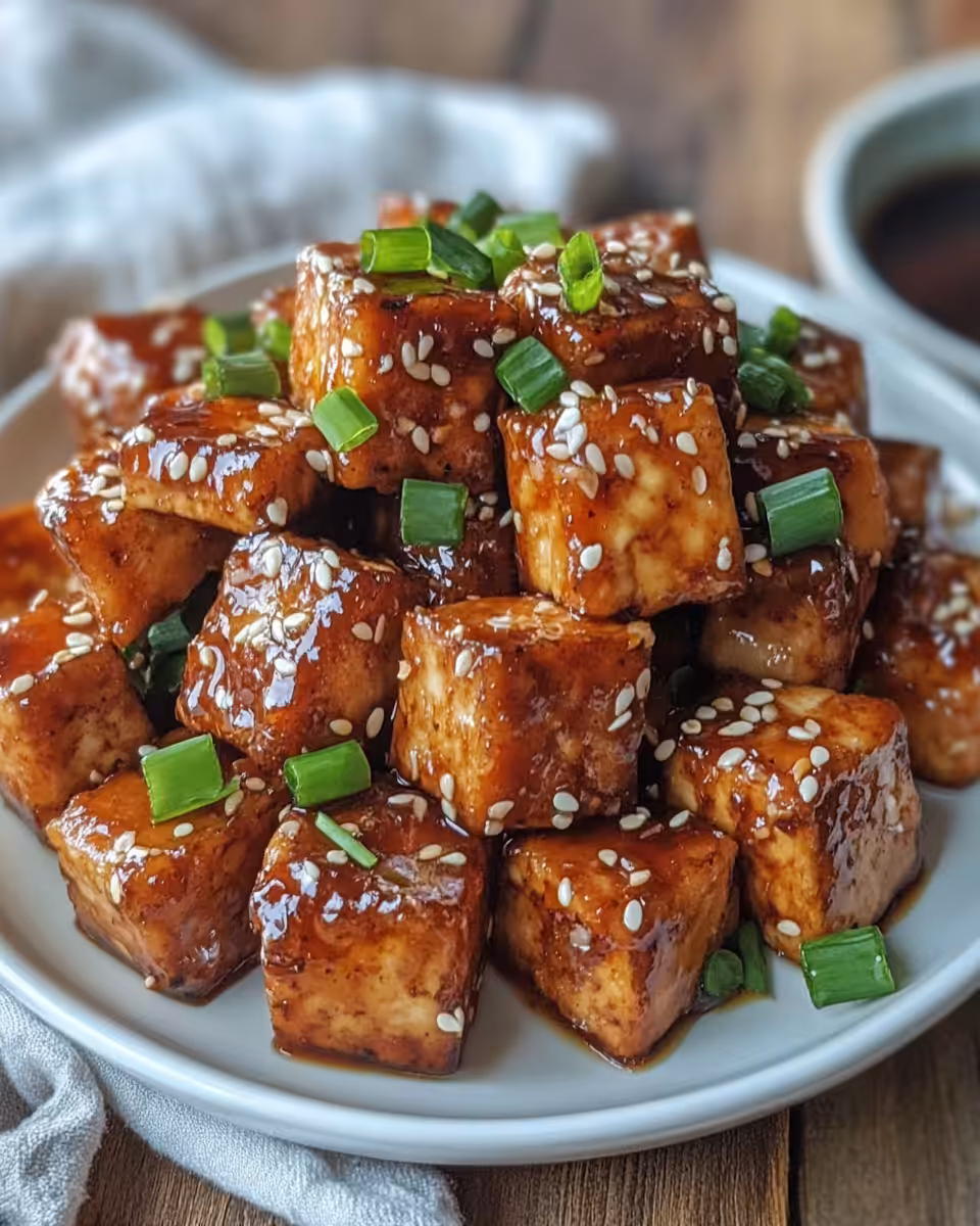 Served honey garlic tofu cubes drizzled with sauce and garnished with sesame seeds and green onions