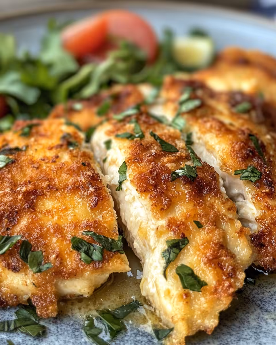 Golden crispy chicken topped with melted Parmesan served hot