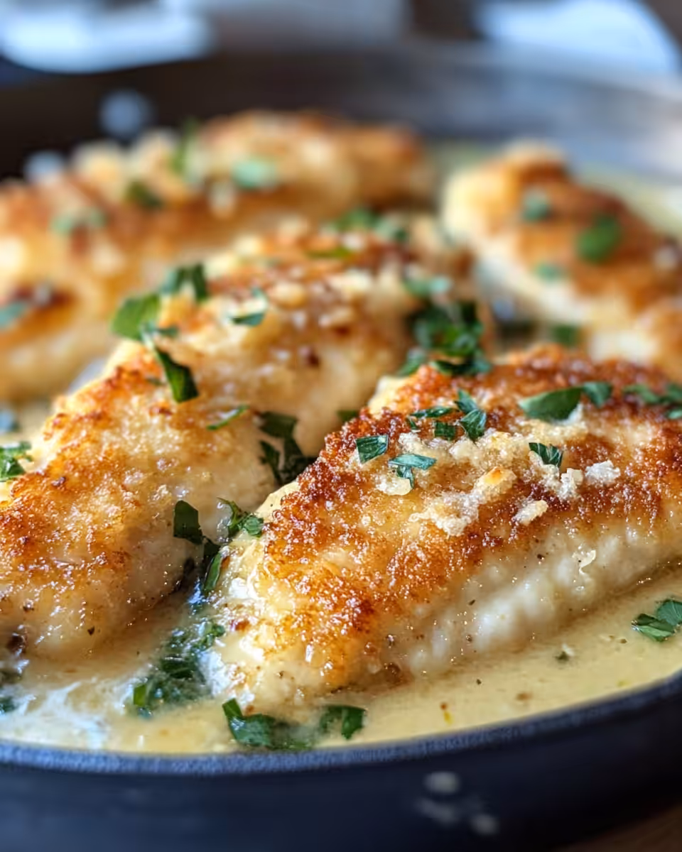 Plated crispy parmesan chicken garnished with parsley and extra Parmesan cheese