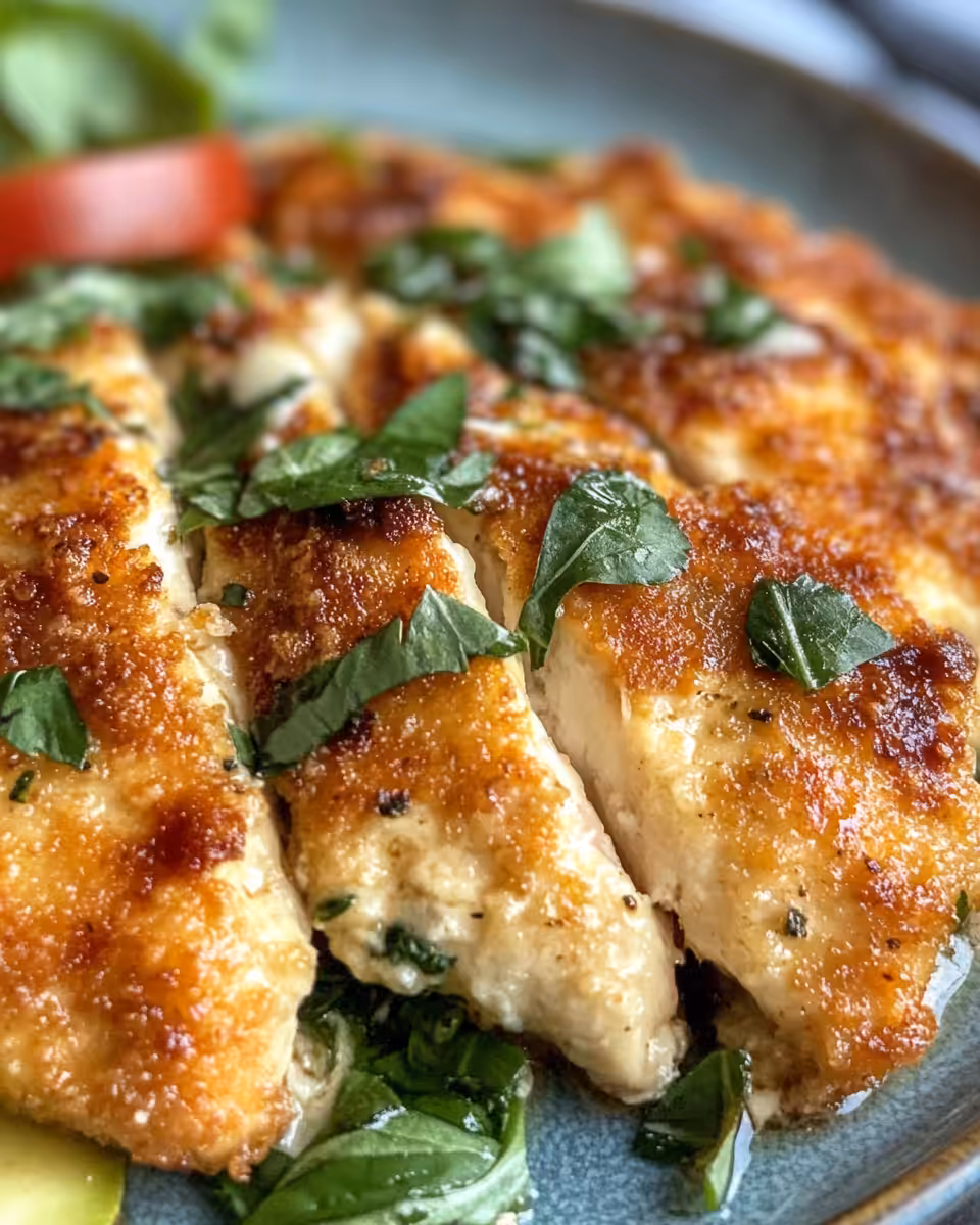 Golden crispy parmesan chicken fresh from the pressure cooker with garlic sauce