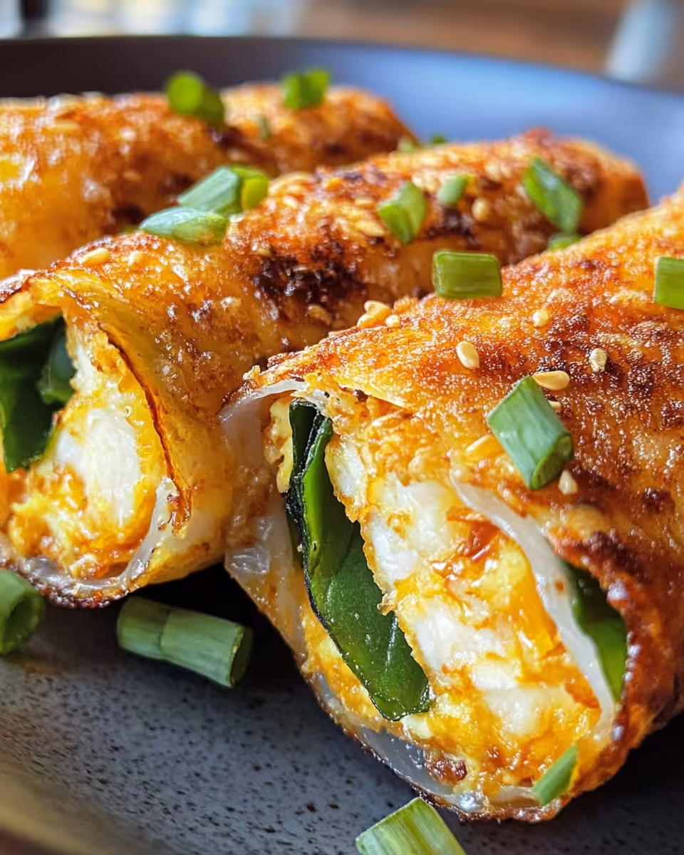 Golden cooked crispy rice paper spirals filled with eggs and bacon