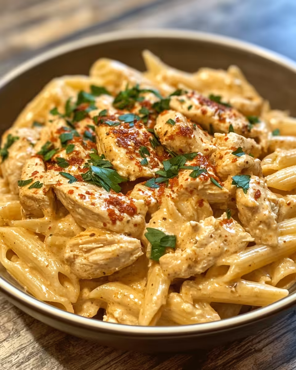 Cooking and stirring creamy Cajun chicken pasta in crock pot