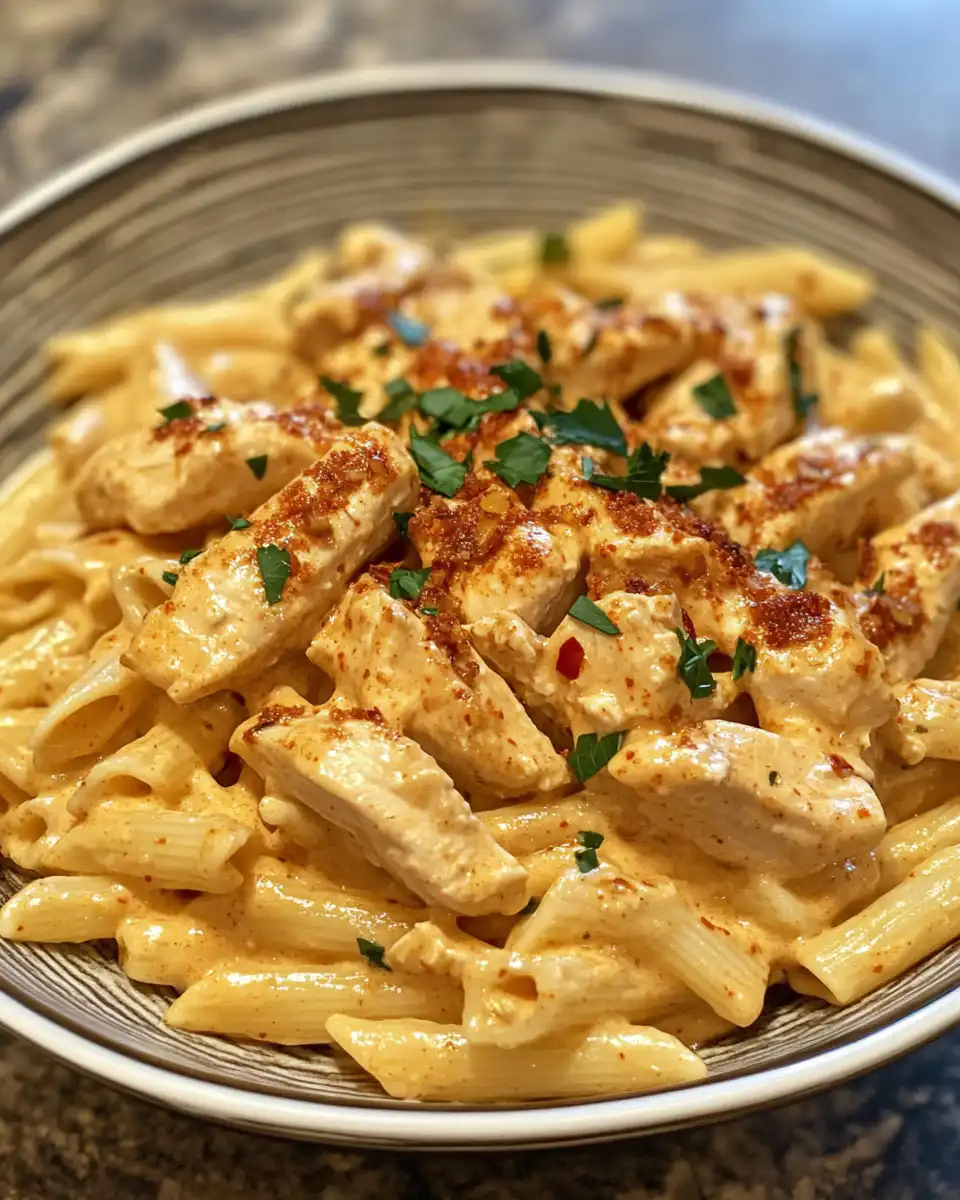 Final creamy Cajun chicken pasta served hot