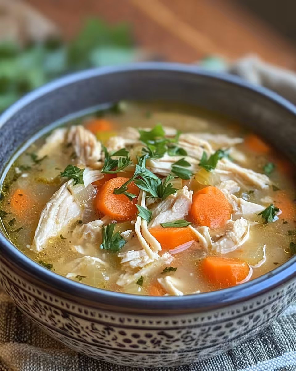 Serving bowl with finished crock pot chicken tortilla soup with toppings