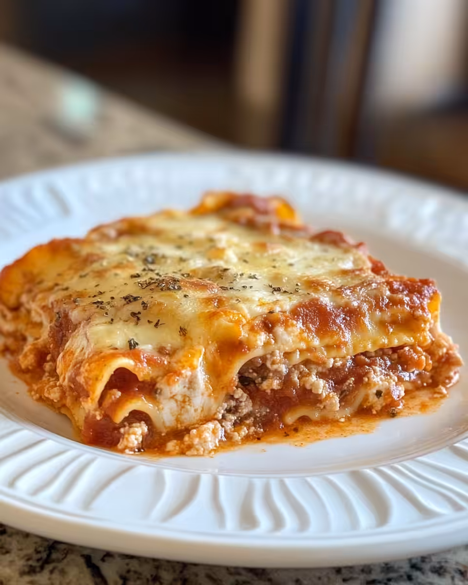 Serving of slow cooker ravioli lasagna with melted cheese