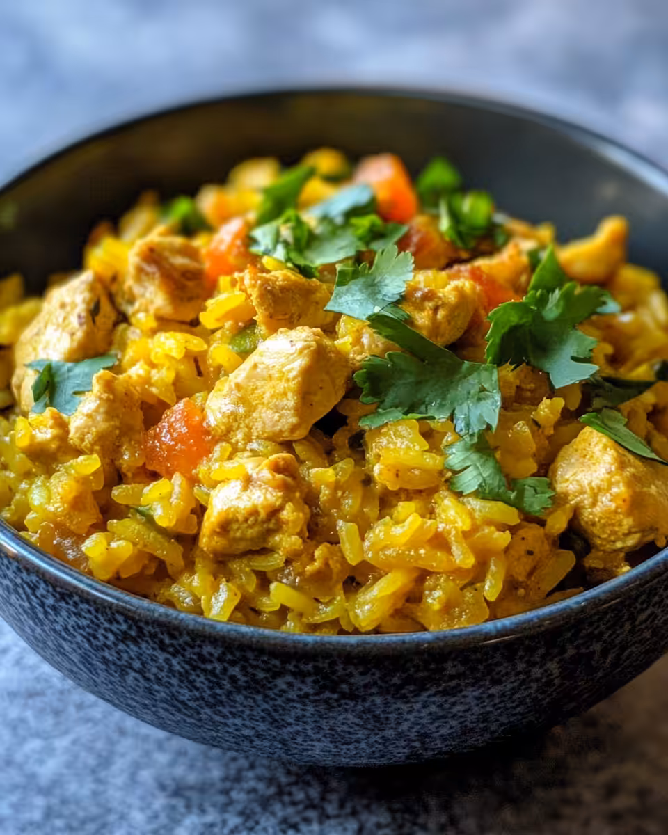 Finished curried coconut chicken served with rice on a plate