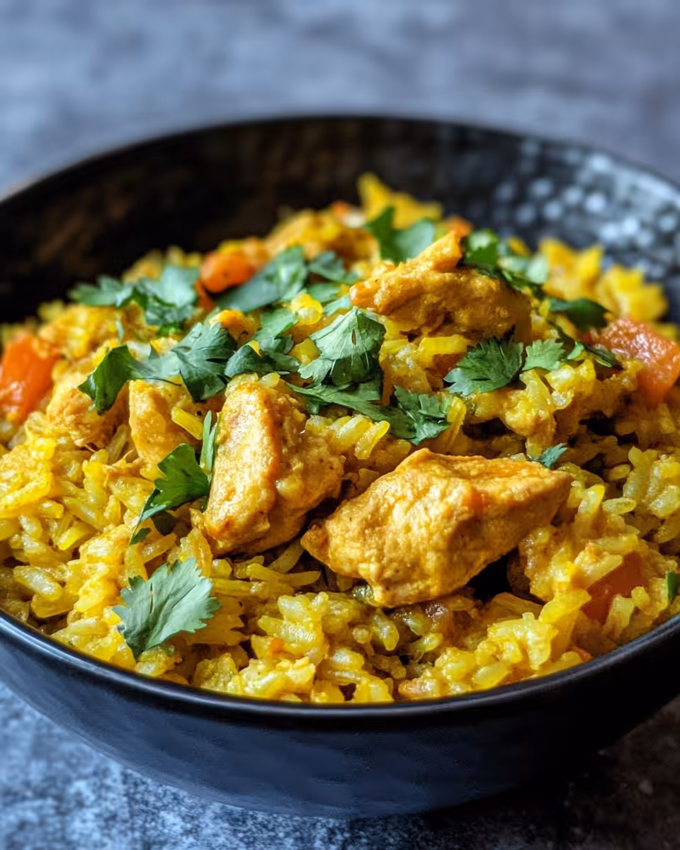 Curried coconut chicken cooking in pressure cooker with steam rising