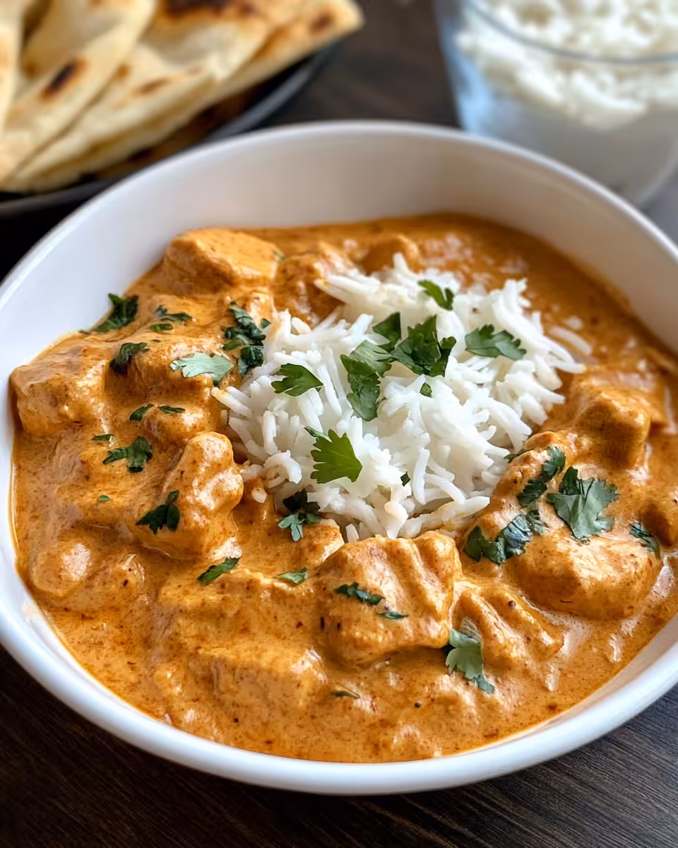 Chicken cooking simmering in creamy coconut tomato sauce in skillet