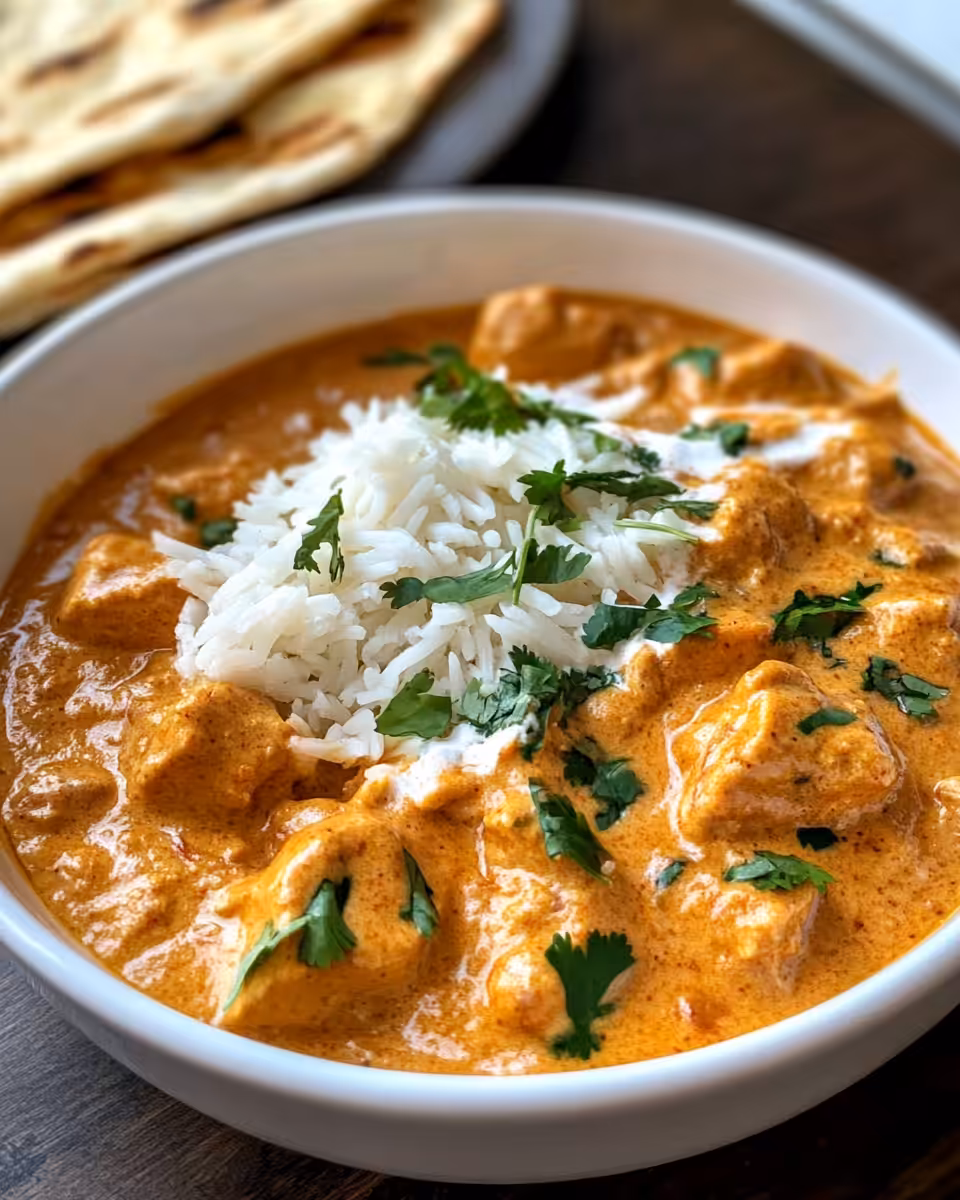 Plated dairy free butter chicken with rice and garnish served on white plate