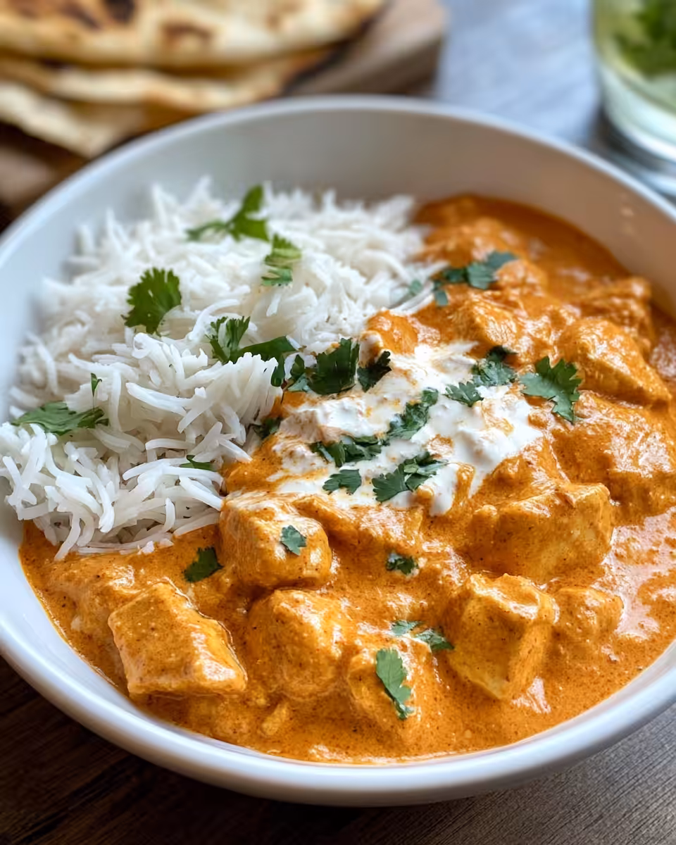 Creamy dairy free butter chicken in pressure cooker releasing steam