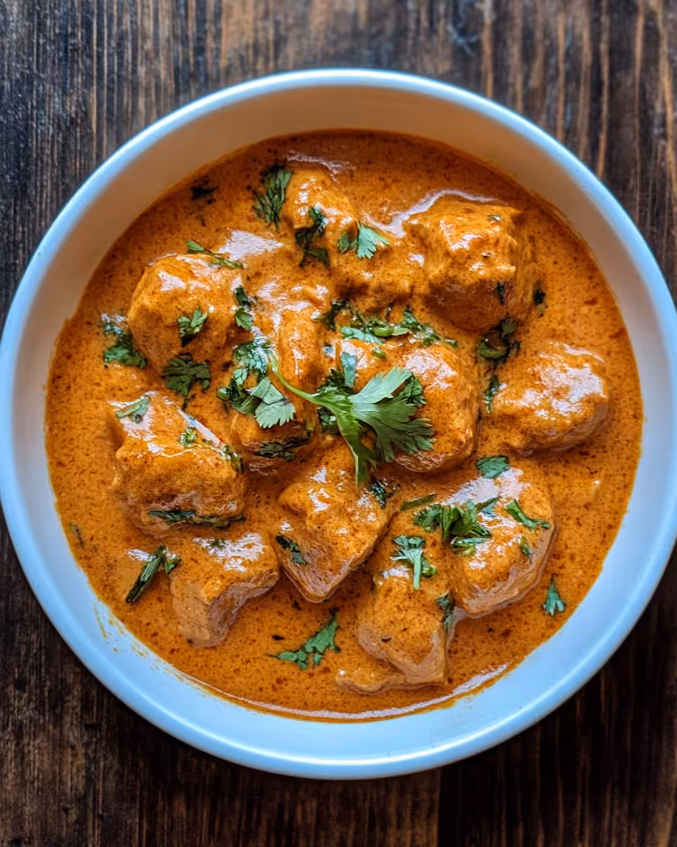 Chicken mixture simmering in skillet with spices and creamy sauce