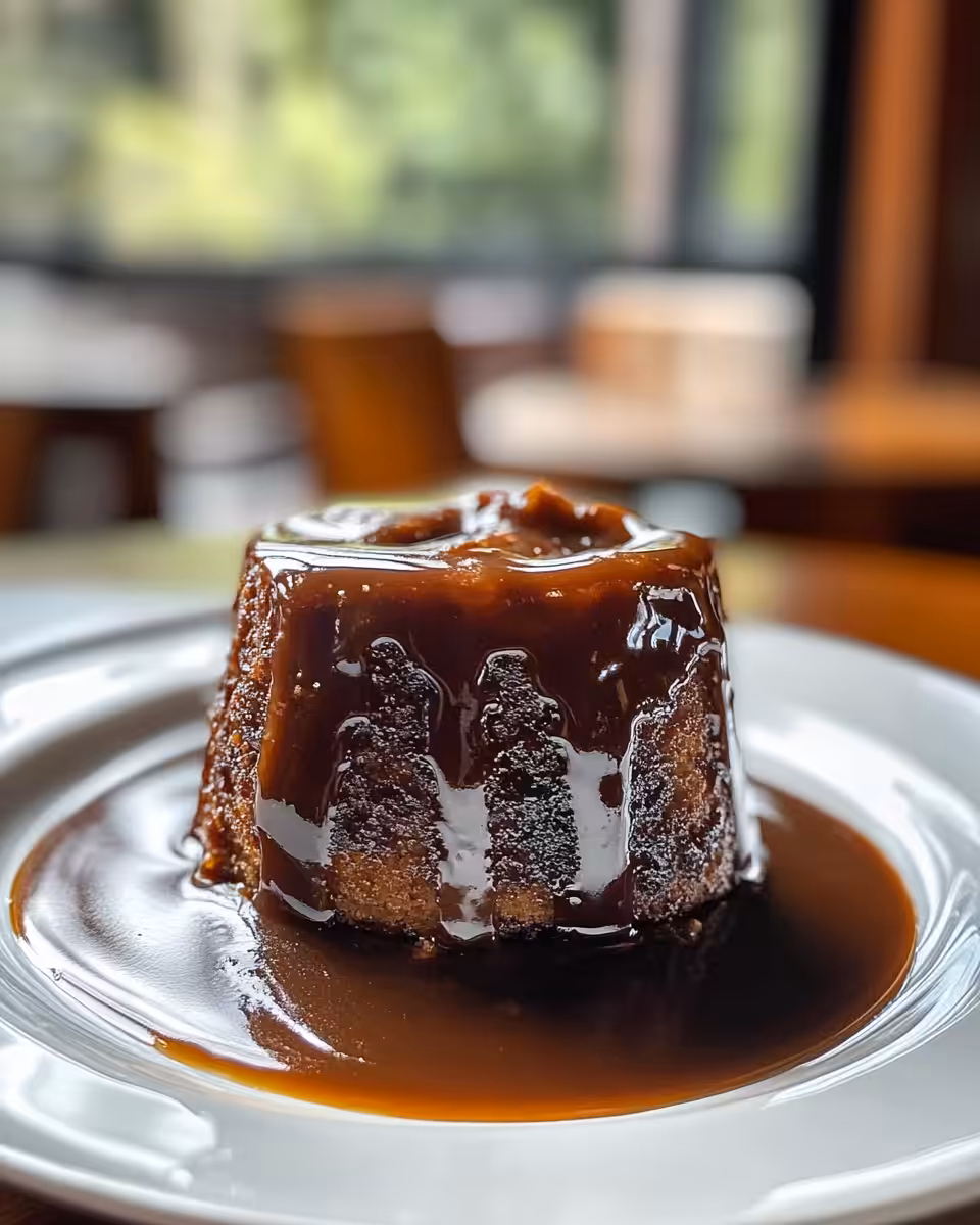 Serving of warm sticky toffee pudding drizzled with toffee sauce