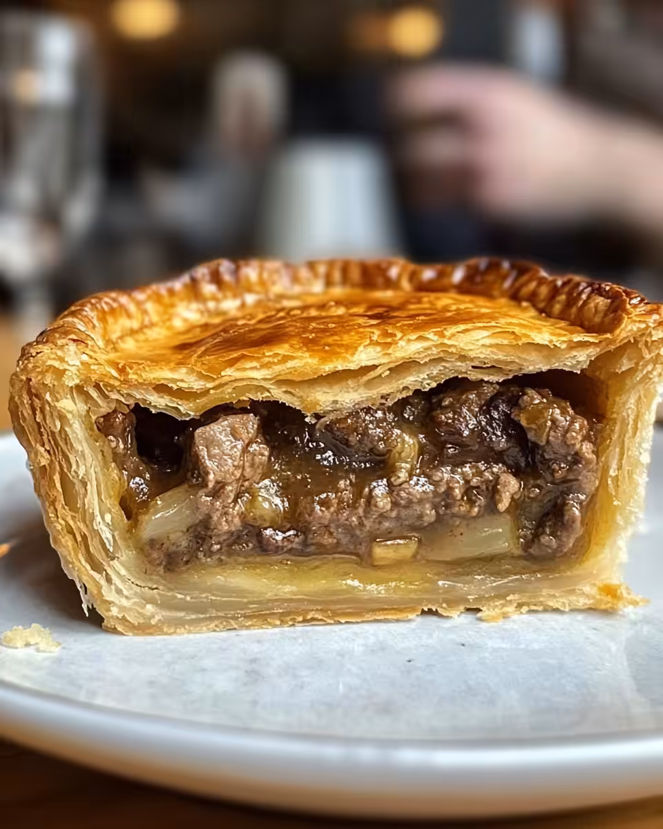 Golden baked British meat pie ready to eat