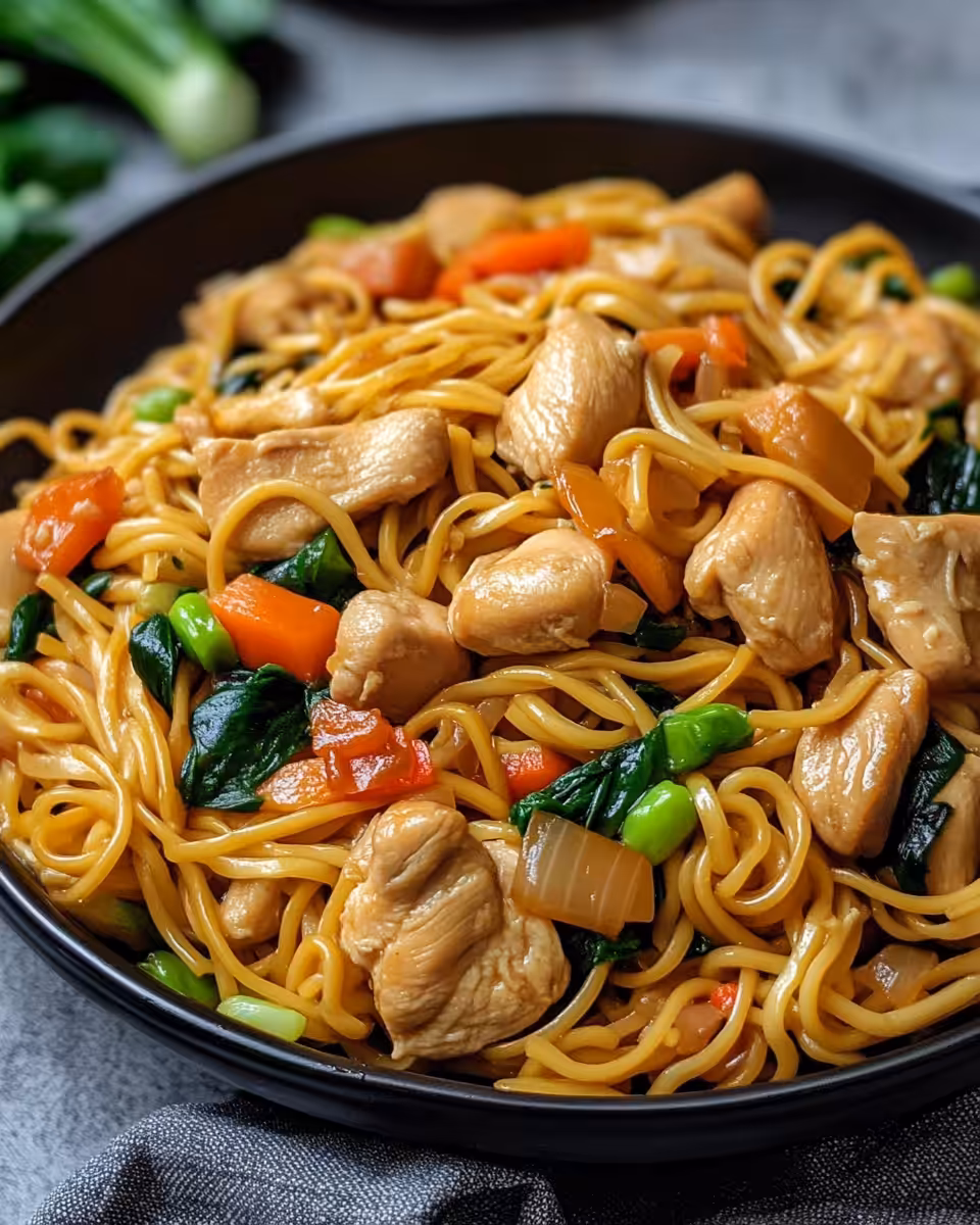 Ingredients for chicken lo mein recipe including noodles, chicken, and sauces
