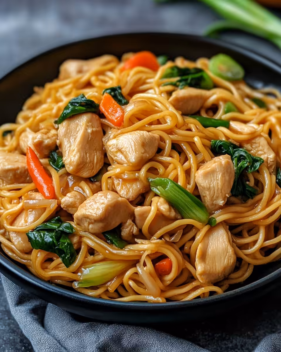 Cooking chicken lo mein in skillet, mixing noodles and sauce
