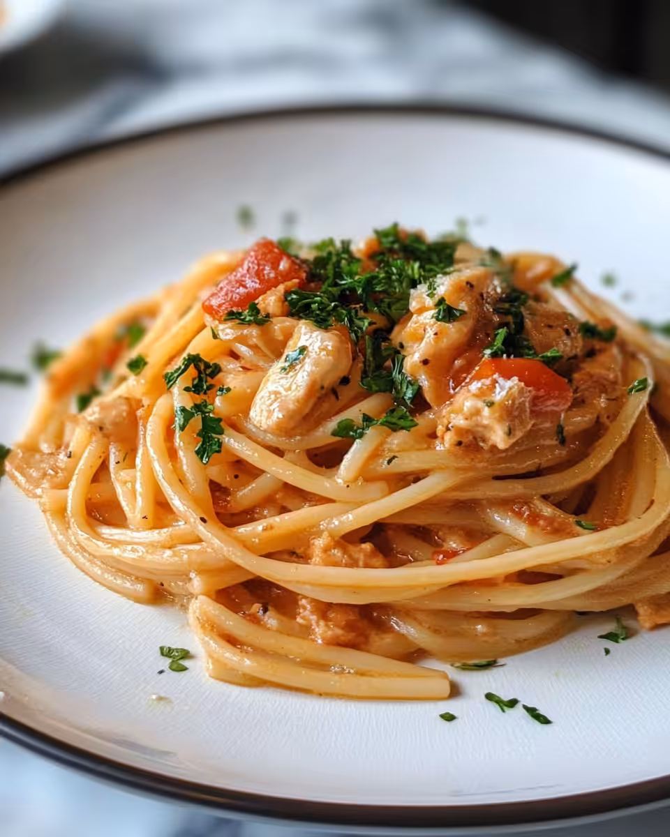 Serving of creamy tomato vodka pasta garnished with fresh basil and Parmesan cheese