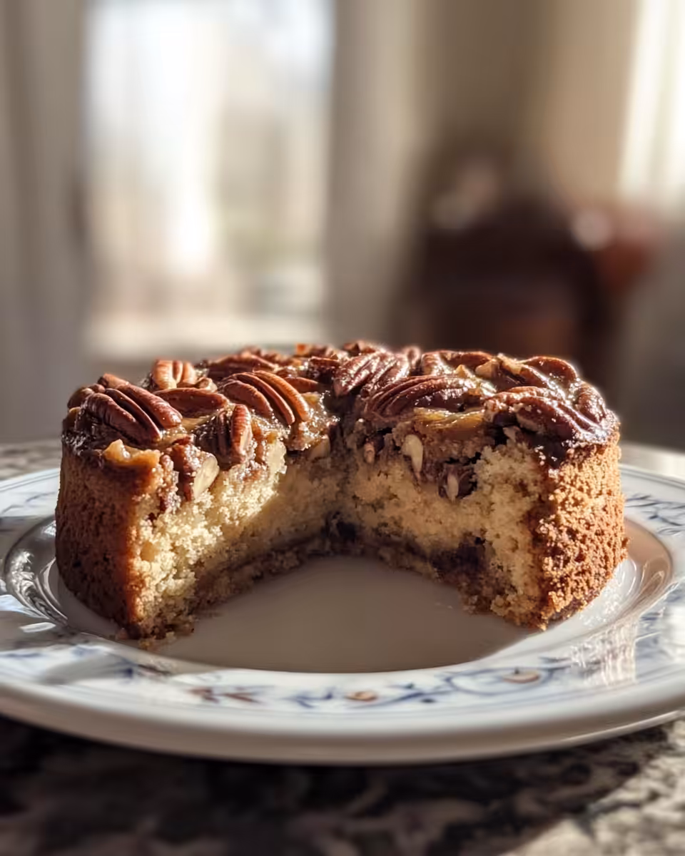 Slice of finished pumpkin gooey butter pecan cake with tender pull texture