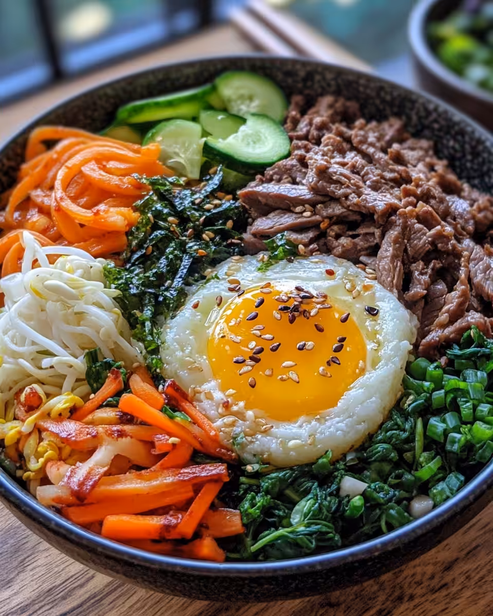 Served Korean beef bibimbap bowl with sesame seeds and fresh vegetables