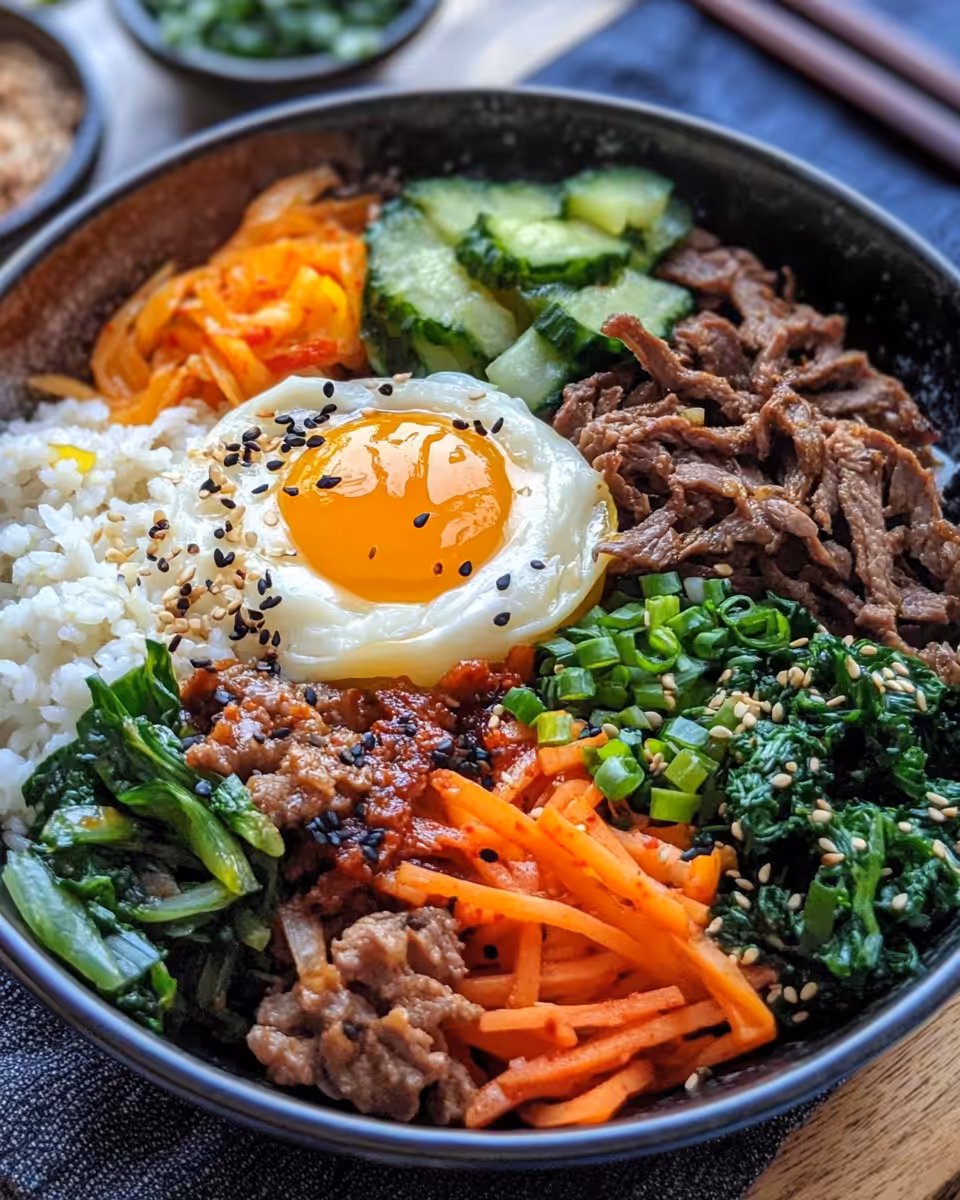 Delicious Korean beef bibimbap bowl with rice and fresh toppings