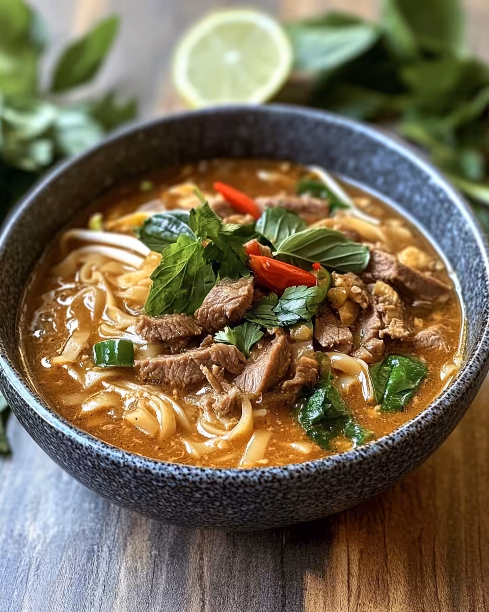 Ingredients for satay beef noodle soup including beef, vermicelli, sauces, and spices
