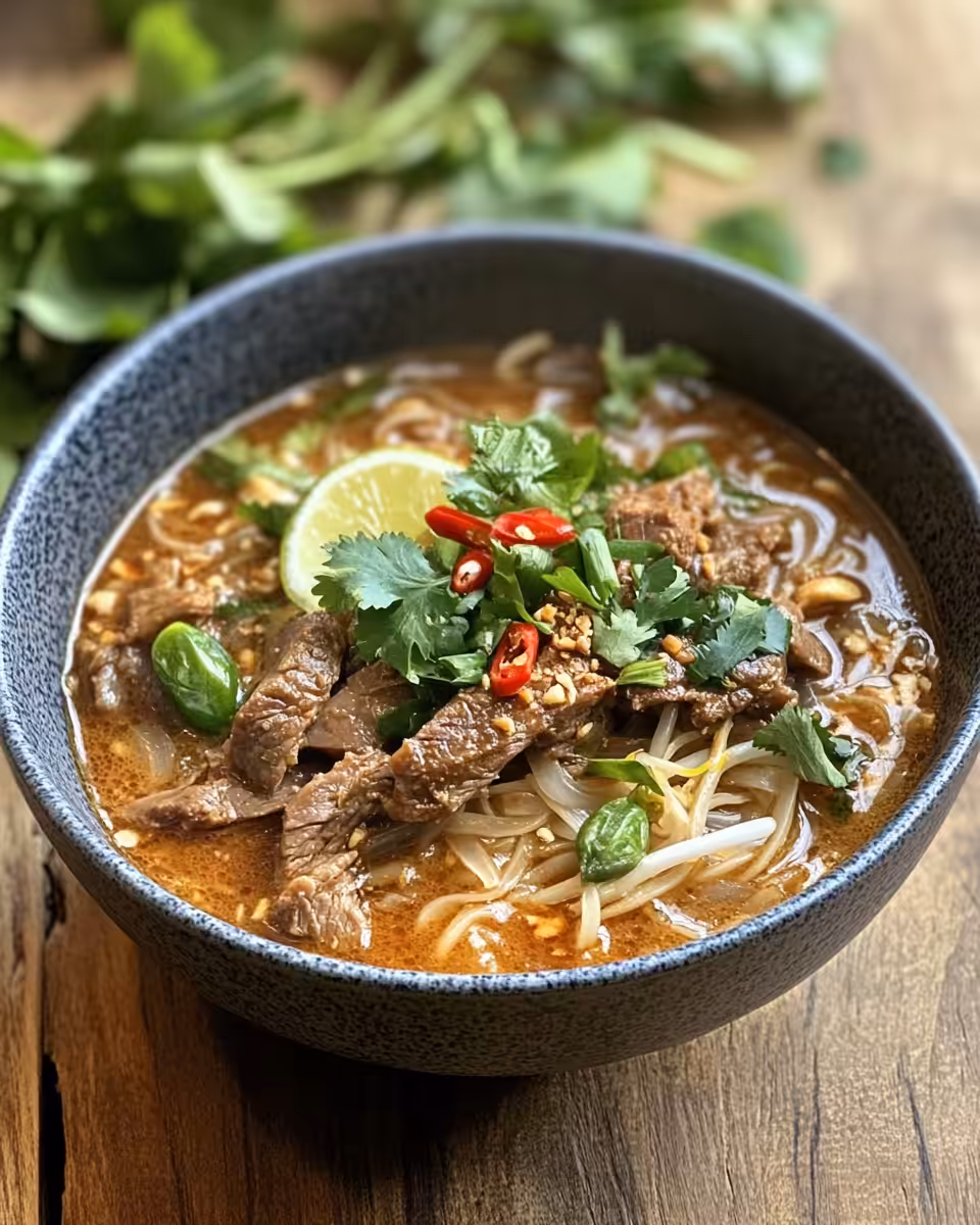 Served satay beef noodle soup bowl with tender beef and soaked noodles