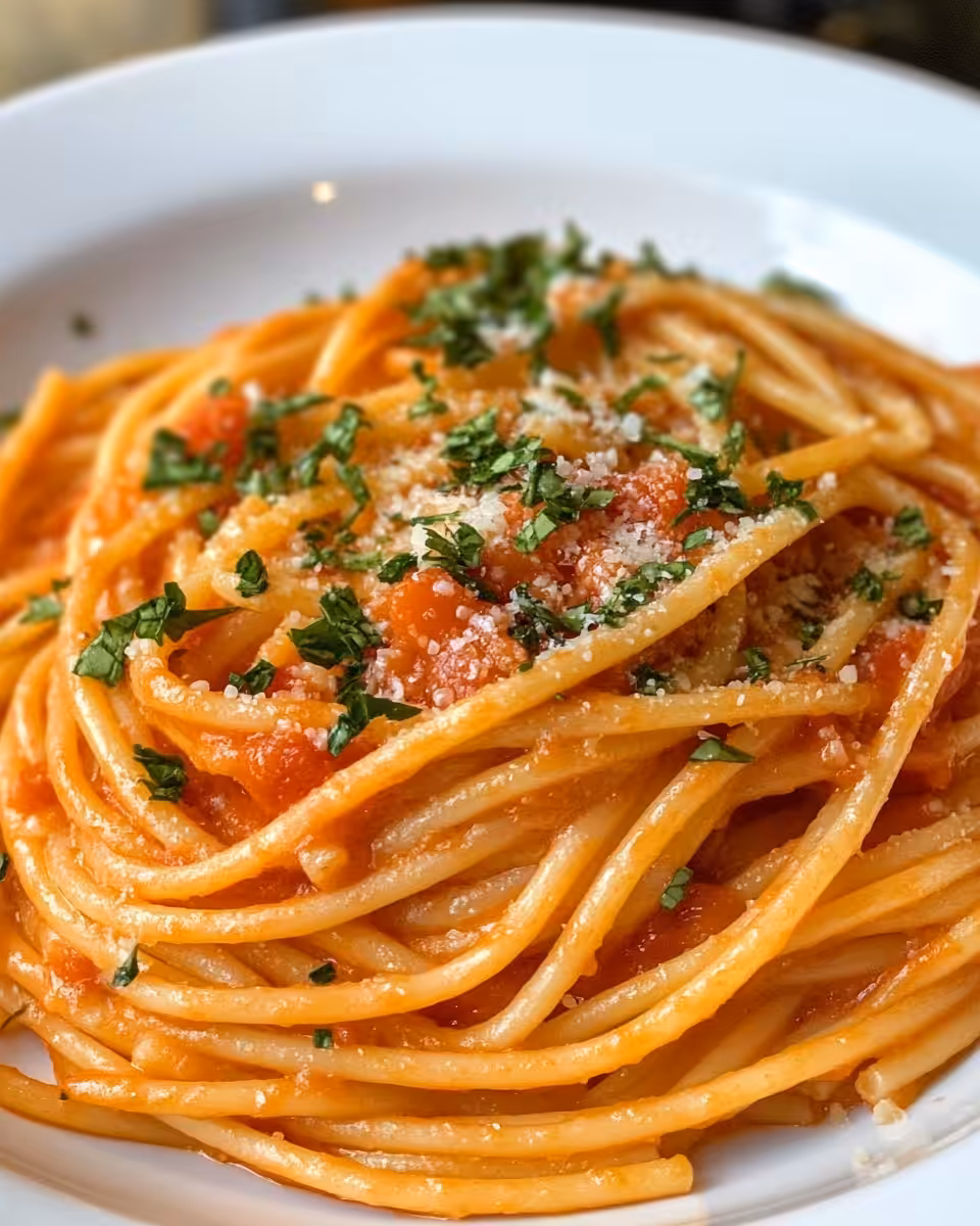 Serving of creamy tomato butter pasta on plate with garnish