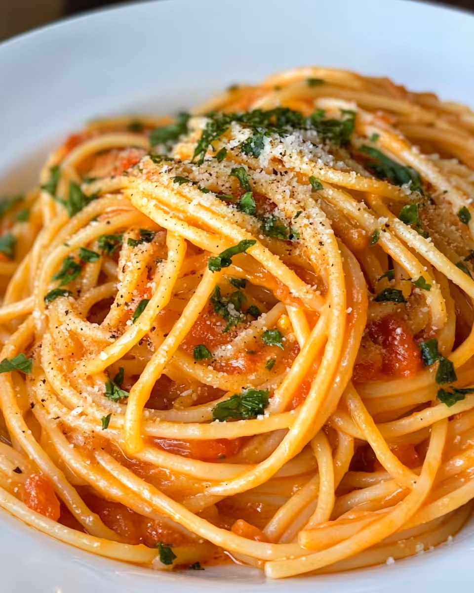 Creamy tomato butter pasta simmering in a pot