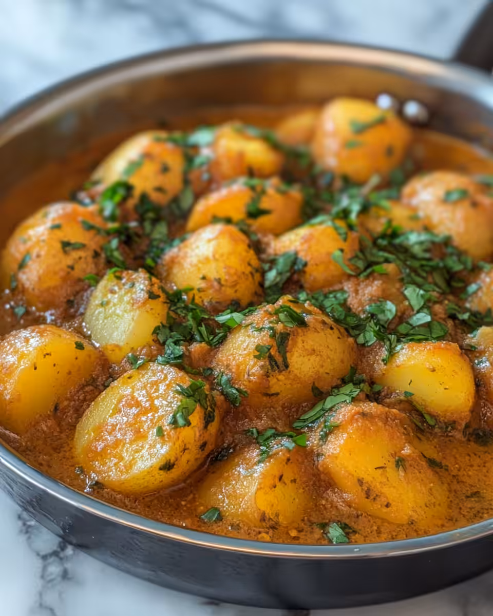 Serving of finished Persian potato curry garnished with cilantro