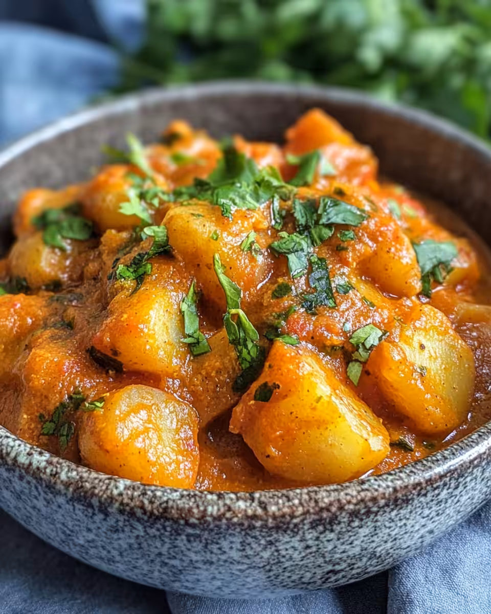 Finished Dopiazeh Aloo Persian potato curry garnished with fresh cilantro served in bowl