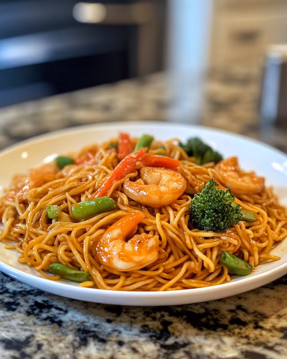 A steaming bowl of pressure cooker lo mein with garlic and sautéed veggies