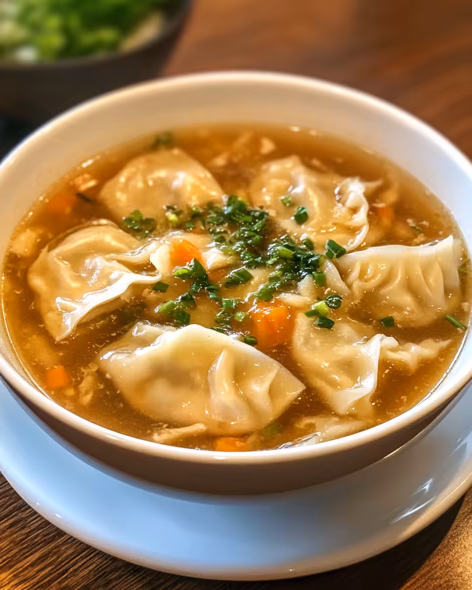 Final served dumpling soup in bowl with garnish