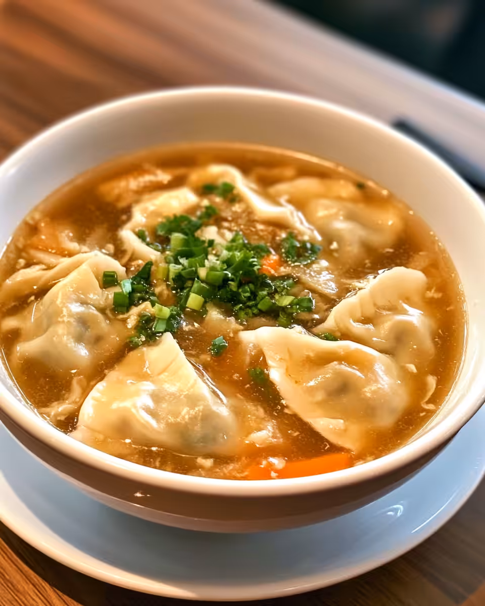 Steaming pot of dumpling soup with rich broth and fresh ingredients