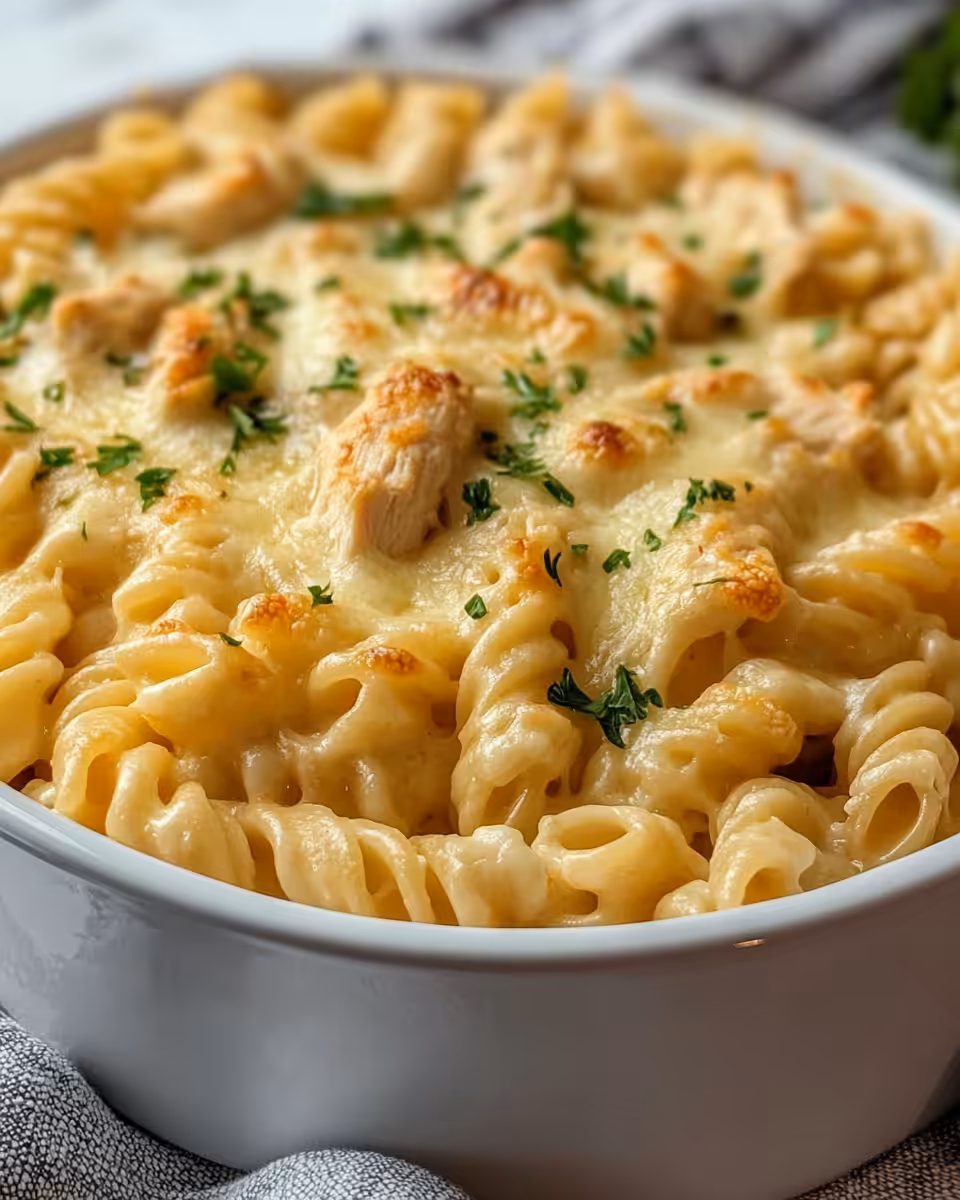 Close up of creamy cheesy chicken rice dish with melted cheddar served in bowl