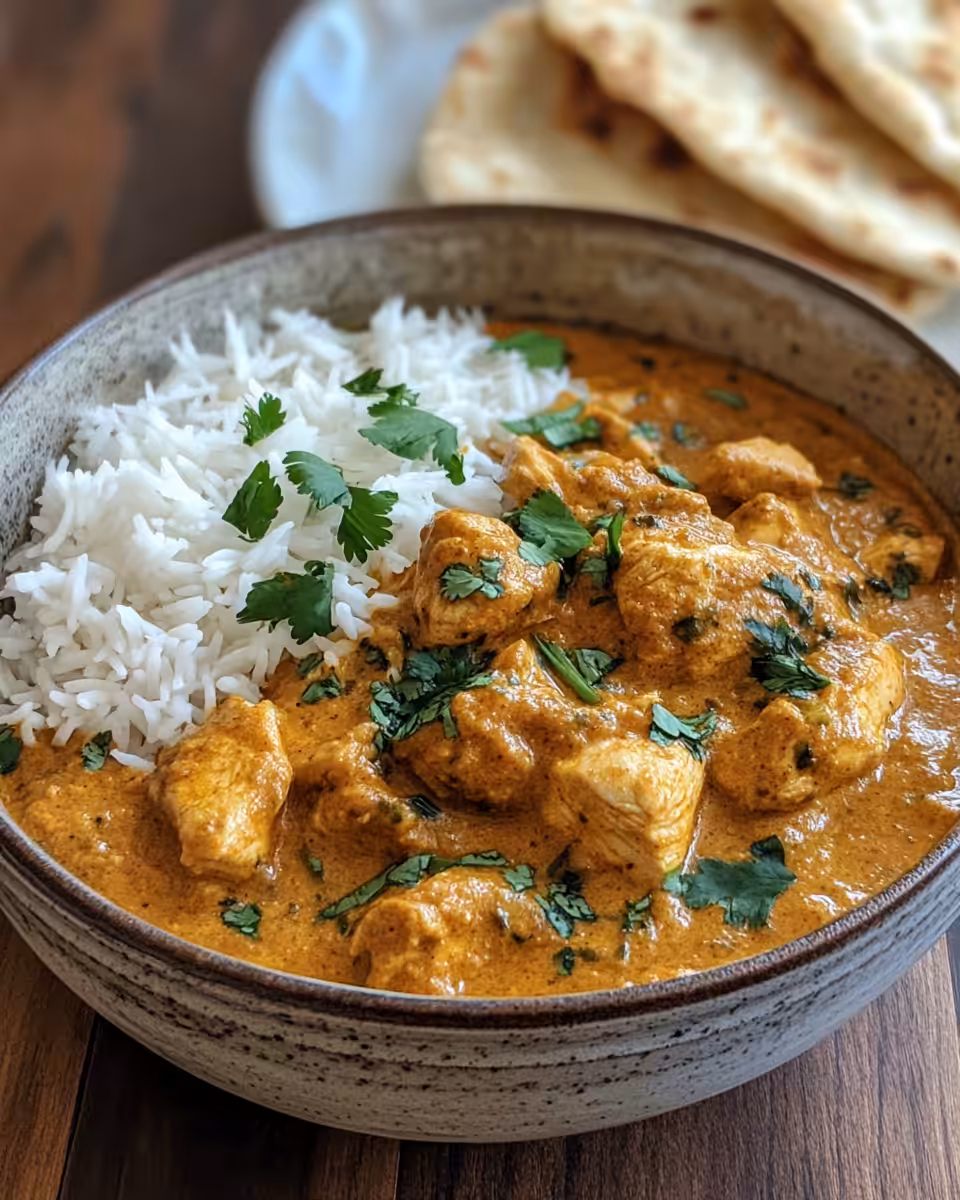 Ingredients and cooked chicken pieces in pressure cooker for chicken korma