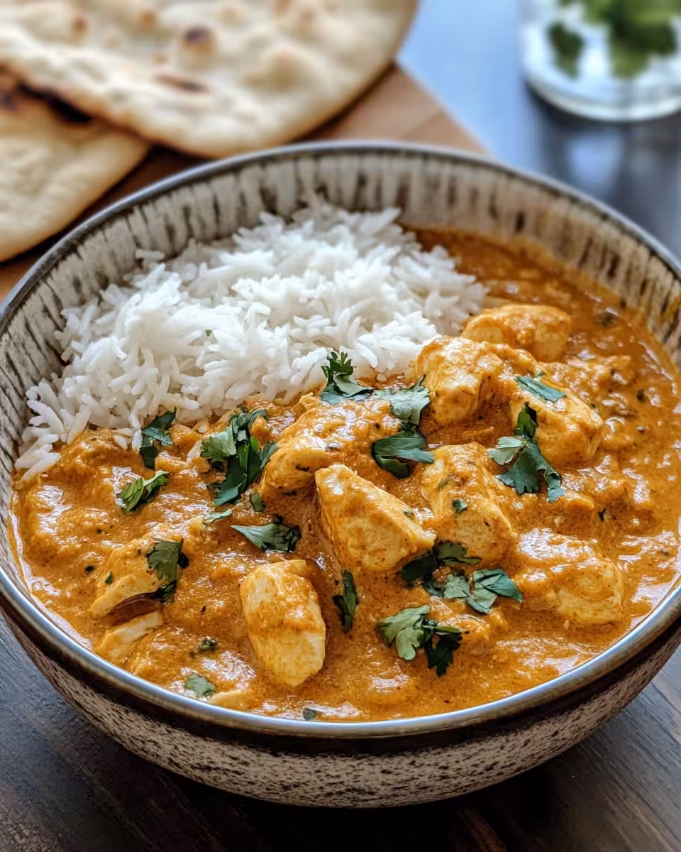 Creamy chicken korma served in a bowl with garnish